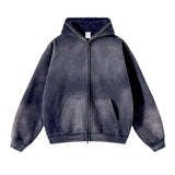 Men's Oversize Long Sleeve Washed Double Zipper Cardigan Hoodies Loose Plus Plush Gradient Women's Hooded Pullovers Winter