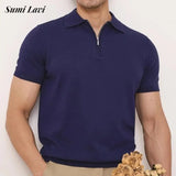 Stylish Mens Solid Color Polo Shirts Summer Fashion Slim Fit Zip-up Polo Collar Shirt For Men Casual Short Sleeve Pullover Tops