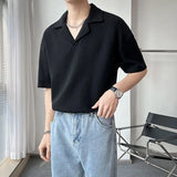 American Solid Color Cuban Collar T-shirt Short Sleeve Mens Niche Design  New Summer Lapel Loose Waffle T Shirts for Men