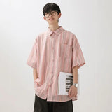 Summer men Short Sleeve Shirt For Men Striped Loose Polos Lapel Shirts New unisex High Street Pocket Blouse Couple shirt