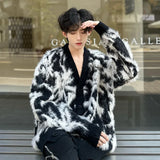 Korean Style Men's Cardigan V-neck Single Breasted Casual Sweaters Loose Patchwork Contrast Color Male Knits New Top