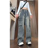 Men's Jeans String Banding Elastic waist Wide Leg Denim Pants Side pocket Cotton Casual Straight Jean Trousers