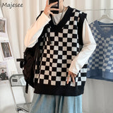 Sweater Vest Men Daily Spring New All-match Students Simple Plaid Fashion Korean Style Knitting V-neck Popular Soft Retro Ins