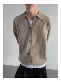 New Korean Fashion Men Cardigan Jacket Light Luxury Knitted Polo Neck Long Sleeve Sweater Coat Casual Retro Solid Color Knitwear