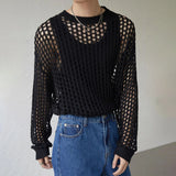Mens Y2k Hollow Out Outfits See-Through Knit Shirts New Summer Fashion All-Match Casual Geometric Vintage Loose Smock Tops