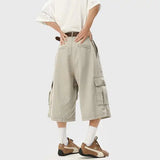 Summer Cotton Casual Pants Men Pocket Cargo Pants Men Japanese Streetwear Hip-hop Loose Wide Leg Pants Mens Calf-Length Pants