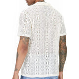 Men's Short-Sleeve Hollow-Out Lace Shirt Single Breasted Lapel Perspective  Shirt Top