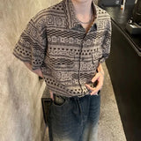 Mens Shirt Ethnic Geometric Totem Casual Shirt Summer Street Trend Retro Niche Hawaiian Short-Sleeve Top Men'S Clothing 