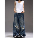 Hip hop street men and women straight leg personality splicing washed denim distressed couple loose retro wide leg casual pants