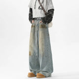 Men Baggy Wide Leg Jeans Washed High Street Fashion  Trendy Casual Streetwear Oversized Fit Light Blue Vintage Wash Trousers