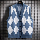 Man Clothes Vest Sleeveless Argyle Waistcoat Knitted Sweaters for Men Blue Plaid Y2k Vintage Long Sleeve 100% Sheap Sweat-shirt