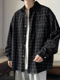 Autumn Plaid Corduroy Men Shirts New Y2K Streetwear Workwear Blouses Retro Long Sleeve Cargo Shirt Loose Casual Tops