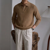 Men's American Retro Polo Sweater Luxury Trendy Business V Neck Knit Solid Color Pullover Leisure Slim-fit Long Sleeve Knitwear