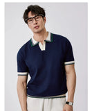 New Japanese Trendy Men Polo Shirt Light Luxury Slim-fit V Neck T-shirt Leisure Patchwork Short Sleeve Tops Retro Knitwear M-3XL