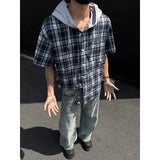 Summer Short Sleeved Shirt Men Fashion Retro Casual Hooded Shirt Men Streetwear Korean Loose Plaid Shirts Man Large Size 4XL