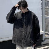 New High Street Men's Zip-up Denim Jackets Casual Washed Streetwear Stand Collar Texture Korean Harajuku Retro Long Sleeve Coats