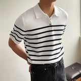Fashion Striped Mens Knit Polo Shirts Slim Fit Short Sleeve Buttoned Lapel Knitted Polos T Shirt For Men Summer Casual Knitwear