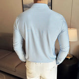High Elasticity Men Stripe Shirt Spring British Style Anti-wrinkle High-EndSoft Solid Casual Slim Fit Long Sleeved Shirt