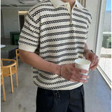 Summer Lapel Short Sleeved T-shirt Men Slim Fit Casual Striped T Shirt Men Streetwear Korean Knitted T Shirt Mens Polo Shirt