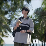 Men's Japanese Retro Polo Shirt Short Sleeved T-shirt Summer Thin Style College Style Casual Lapel Five Quarter Sleeved Top