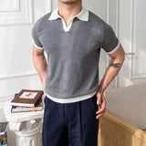 New Trend Men Business Polo Shirt Light Luxury Popular Slim V Neck T-shirt Leisure Patchwork Short Sleeve Tops Retro Knitwear