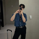 Summer Men's Clothing Luxury Denim Short-sleeved Pocket Shirt Leisure Button-down Korean Popular Streetwear Stylish