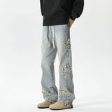 Star Embroidered Men's Jeans Baggy Straight Elastic Waist Denim Pants Fashion High Street Hip Hop Streetwear Y2K Male Trousers