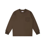 Oversize 100% Cotton Pocket Long Sleeved T-shirt for Men and Women's Spring Casual Round Neck Bottom Tops Solid Sweatshirts
