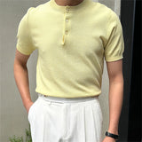 New Men Luxury Henry Collar T-Shirt Leisure Slim Button-down Solid Color Short Sleeve Tops Italian Style Summer Breathable Tees