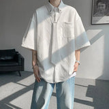 2025 White Texture Short-sleeved Shirts Men Korean Chic All-match Blouses Casual Loose Single Breasted Black Shirt with Tie