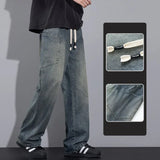 Men Casual Denim Pants Vintage Loose Straight Wide Leg Long Trousers Fashion New High Street Comfortable Solid Color Jeans