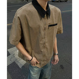 New Stylish Men's Shirt Short Sleeve Lapel Patchwork Collar Male Zipper Shirts Washed Summer Men Clothing Loose Fit