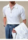 Zipper Knitted Short-sleeved Polo Shirt Men Summer American Retro Commuting Loose Vertical Striped Pit Strip Lapel T-shirt Men