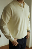 New American Chic Men Polo Sweater Luxury Trendy Business V Neck Knit Solid Color Pullover Leisure Slim-fit Long Sleeve Knitwear