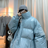 New Winter Stand Collar Loose Bright Leather Fabric Puffer Jacket Men Couple Thick Warm Cotton Padded Coat Men's Warm Parkas