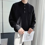 Korean Popular Men's Henry Collar Sweater Light Luxury Knit Long Sleeve Button Pullover Trending Jacquarded Solid Color Knitwear