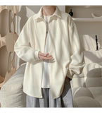 White Long Sleeved Shirt Men Fashion Black Casual Shirt Men Streetwear Korean Loose Pleated Shirt Mens Ice Silk Shirts M-3XL