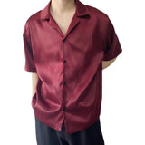 Summer Men's Stylish Shirt Cuban collar Satin Silk Wine Red Dress Shirts Short Sleeve Tops Wedding Prom Party Holiday Blouse Man