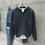 American Retro Henley Collar Pullover Sweater Korean Elegant Men's Trendy Oversized Pocket Versatile Casual Sweater Aesthetic
