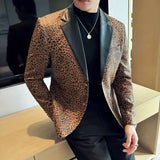 Fashion Leopard Print Blazer Jacket Men Spliced leather Collar Back Slit Party Dresses Clothing Slim Fit Suit Coat Male