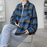 Long Sleeve Plaid Shirts Men Autumn Casual Loose Harajuku Vintage High Street Daily All-match Gentleman Camisa Plus Size 5XL-M