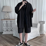 Shirts Shorts Sets Men Striped Design Simple Fashion Ulzzang Oversize Summer New Popular Loose Breathable Student Notched Casual