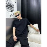 Heavy High-end Niche Short Sleeve T Shirts for Men Summer Loose  Ins Design Solid Color Rivet Round Neck T-shirt Streetwear