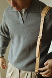 New American Chic Men Polo Sweater Luxury Trendy Business V Neck Knit Solid Color Pullover Leisure Slim-fit Long Sleeve Knitwear
