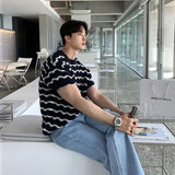 Summer Men's Clothing Luxury Striped O Neck Knitted T Shirt Retro Half-sleeved Korean Popular Knitwear Leisure Hollow Out Tees