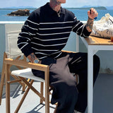 American Chic Striped Men Polo Sweater Luxury Trendy Business V Neck Knit Solid Color Pullover Leisure Slim Long Sleeve Knitwear