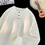 Spring NEW Mens Long Sleeve T Shirts Casual Round Neck Tees Button design White Black Undershirts Loose Fit Tshirts