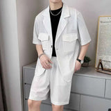 Summer Suit Men Fashion Society Mens Black Dress Set Korean Casual Short Sleeved Blazer Shorts Sets Man Stripe Formal Suit