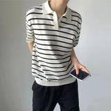 Summer Men's Clothing Light Luxury V Neck Knit Polo Shirt Korean Striped Short Sleeve Retro Fashion Leisure Slim Knitwear