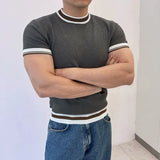 Men's Clothing Fashion Patchwork Tops Luxury High Quality Knit O Neck Short-sleeved T-shirt Leisure Popular Retro Slim Knitwear